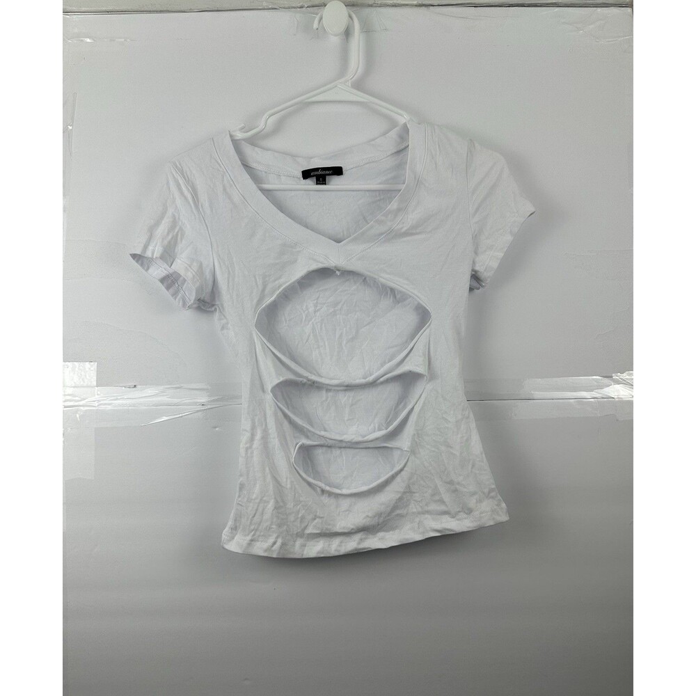 Ambiance Women's Size S White V-Neck Keyhole Cutout Front Short Sleeve Top